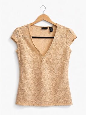 Beige Lace V-Neck Cap Sleeve Top